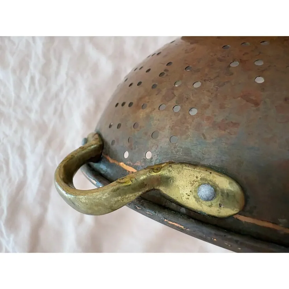 Antique Copper Colander Brass Footed Strainer Cottagecore Rustic Farmhouse